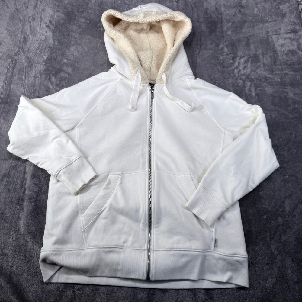 Eddie Bauer White Sherpa Lined Hood Full‎ Zip Hoodie Sweatshirt Womens Large